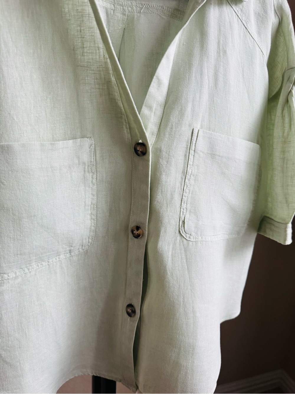 Zara Light Mint Green Short Sleeve Button Front oversized Crop Top - Picture 2 of 6